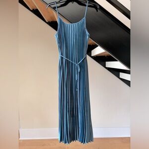 Women’s Slate Blue Midi Plisse’ Pleated Dress, Adjustable Spaghetti Straps SizeM